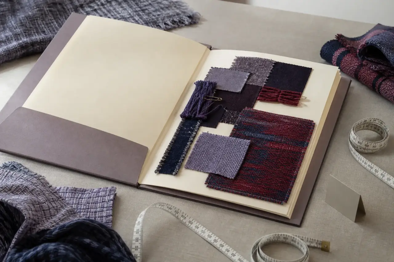 Blank portfolio sheets, textile samples and measuring tape on a studio table