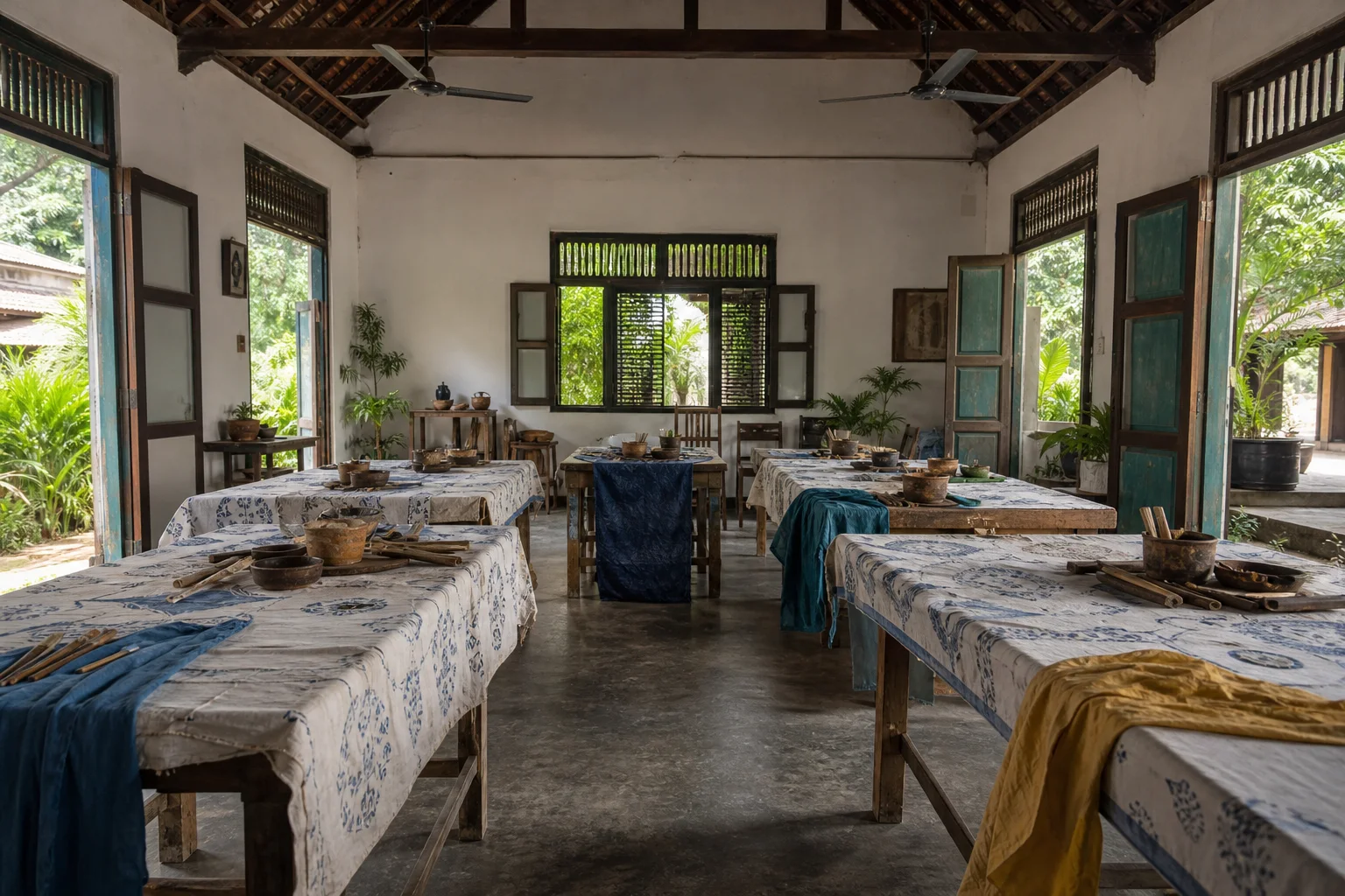 Empty community workshop room prepared with tables, cloth and tools