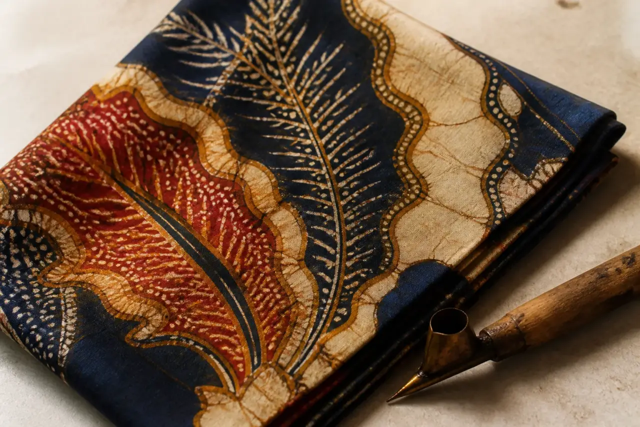 Silk scarf with wax-resist crackle beside a canting tool