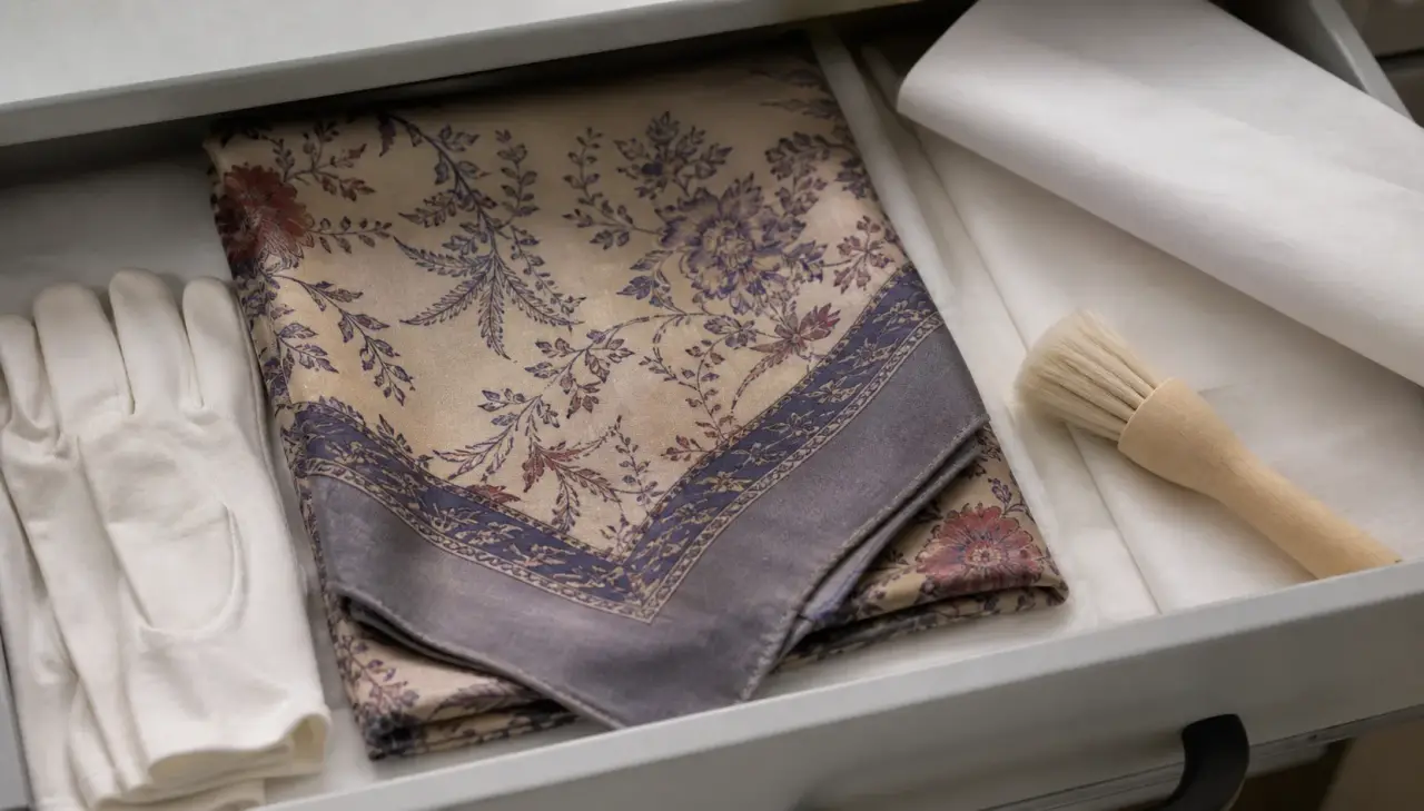Folded silk scarf in an archival drawer beside cotton gloves