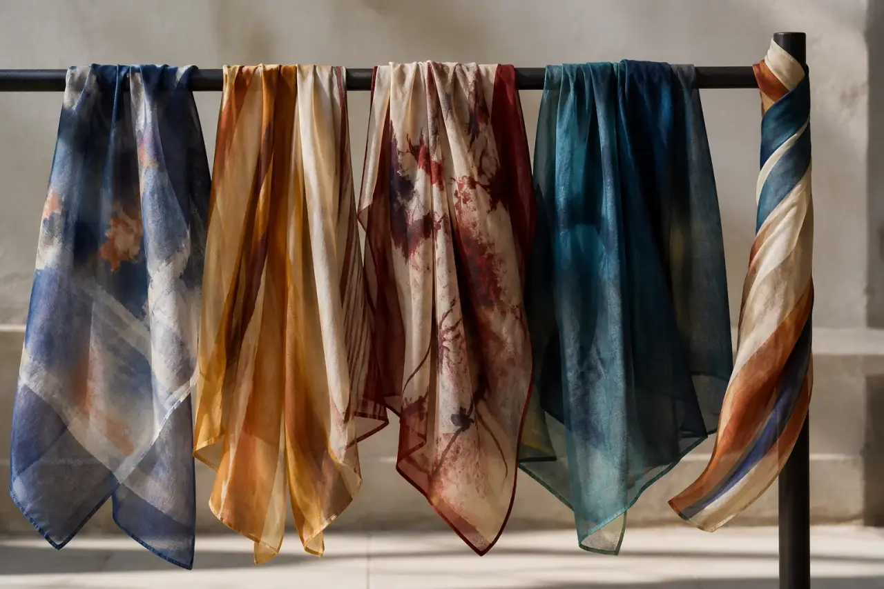 Distinct silk scarves draped on a rail with different surface rhythms