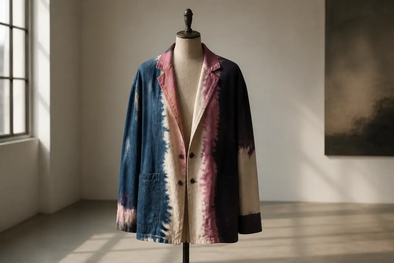 Hand-dyed jacket on a simple dress form in a quiet gallery