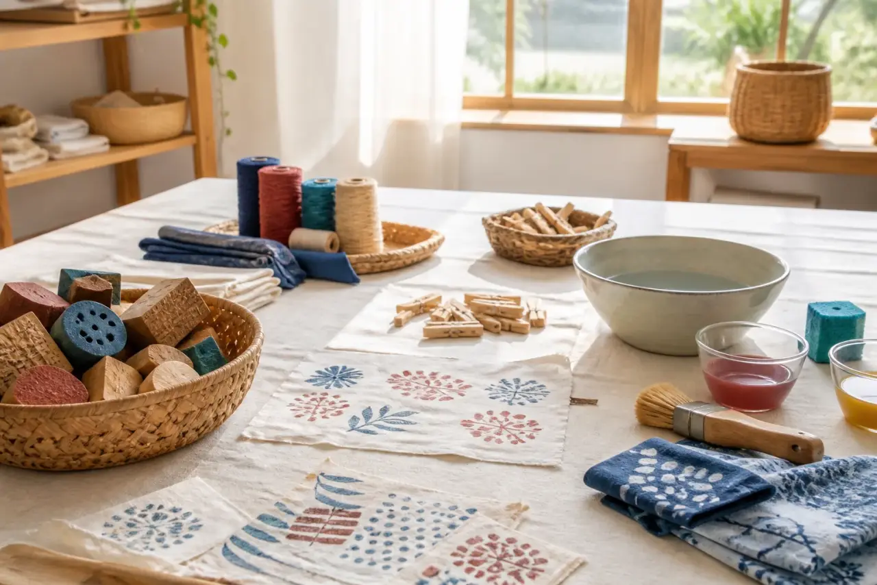 Bright low textile table with cotton cloth, blocks, thread and washable tools