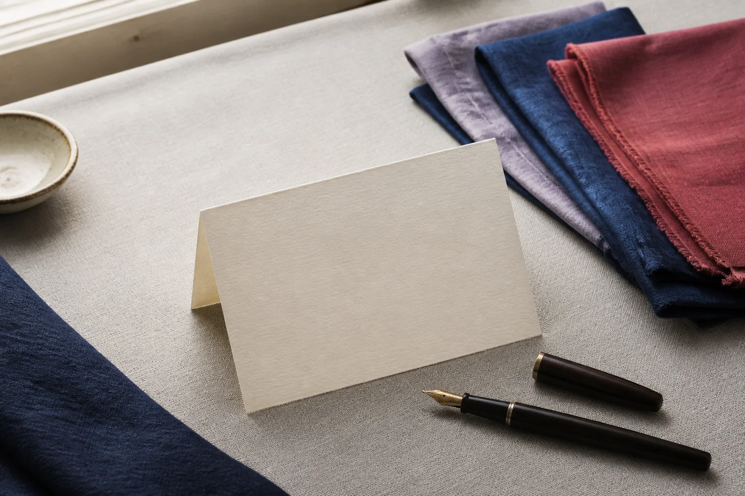 Blank correspondence card, folded dyed cloth and fountain pen on a desk
