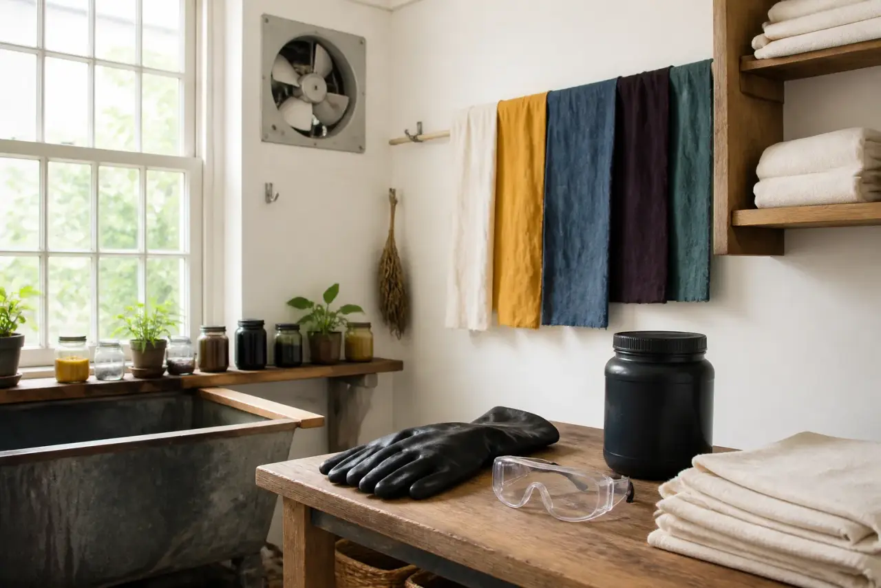 Ventilated textile studio corner with gloves, glasses and closed dye container