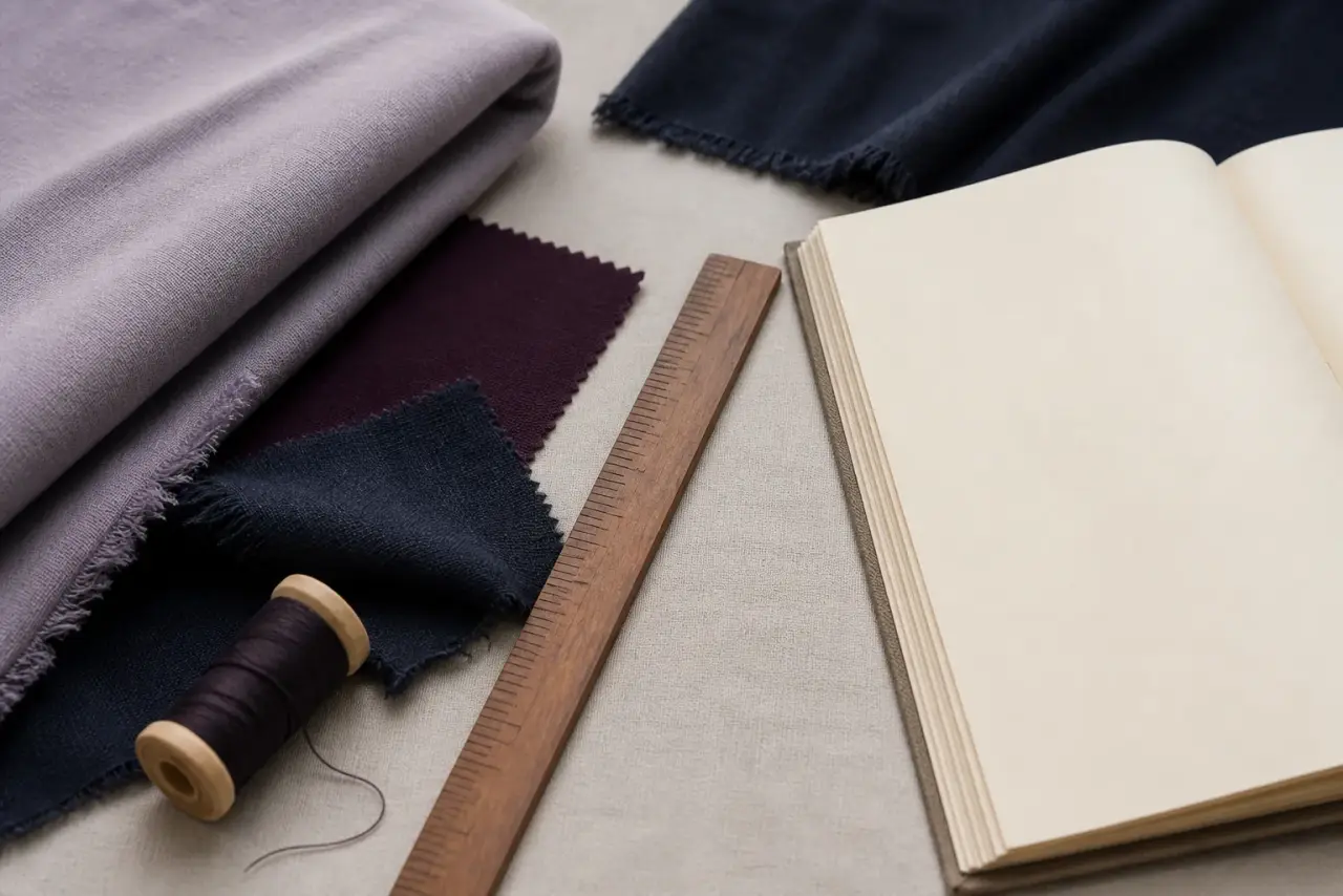 Fabric fragments, ruler, thread and a blank archival notebook on a reference desk