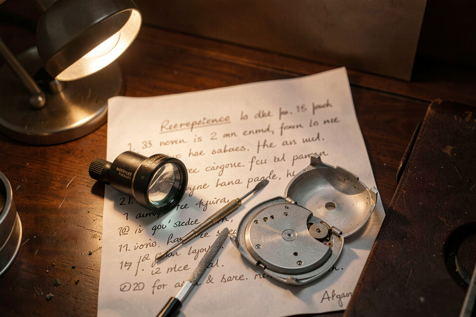 A loupe and a small screwdriver resting on a sheet of watch reference notes beside an open case back, lit by a single desk lamp on a dark workbench.