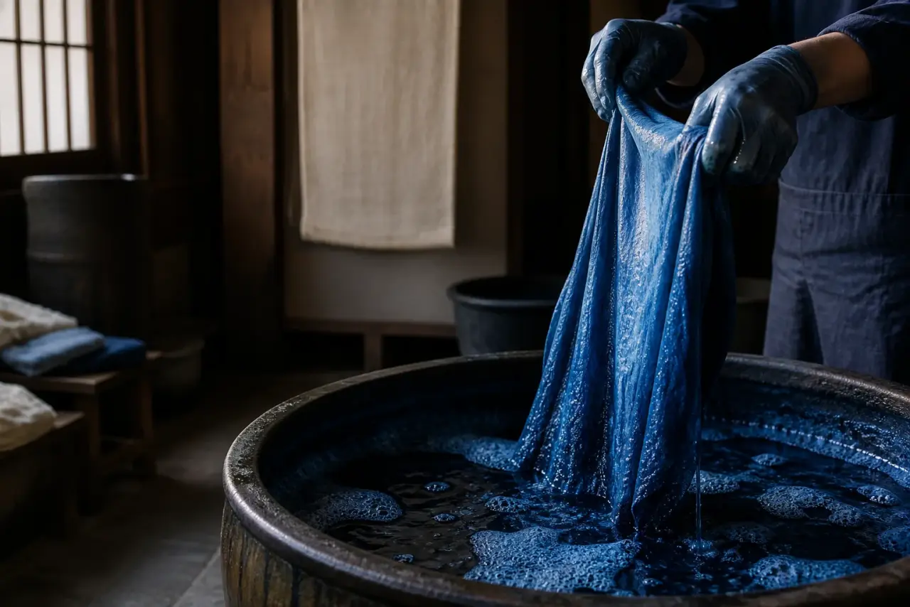 Gloved hands lifting cloth from an indigo vat in a quiet studio