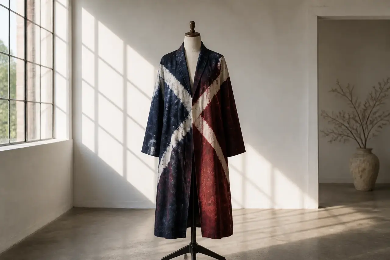 Hand-dyed jacket on a dress form in a sunlit gallery