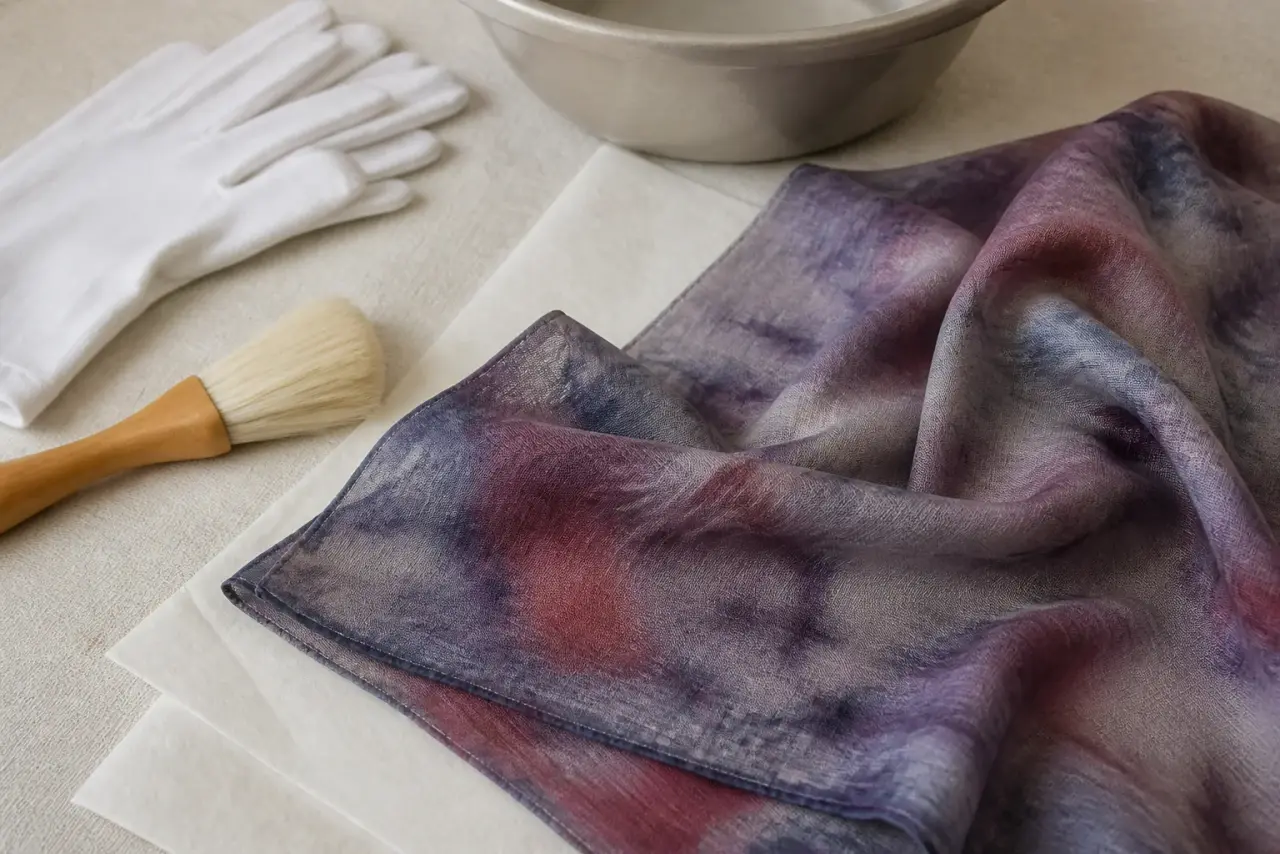 Silk scarf examined on clean tissue beside gloves and a soft brush