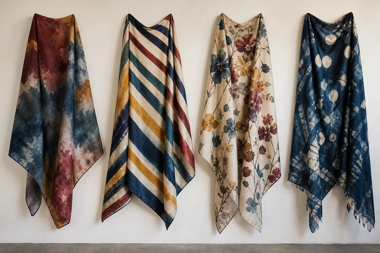 Four distinct hand-dyed scarf compositions arranged in a gallery