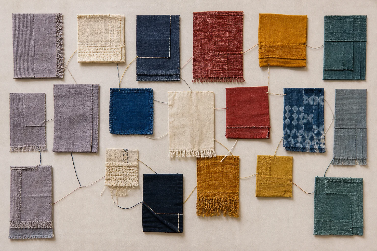 Distinct textile swatches arranged as a tactile path across a studio wall