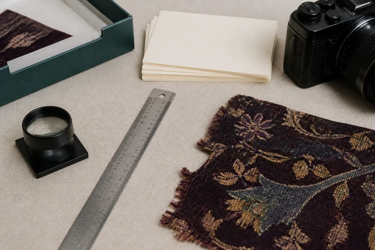 Loupe, ruler, blank archival cards and textile fragment on a study table