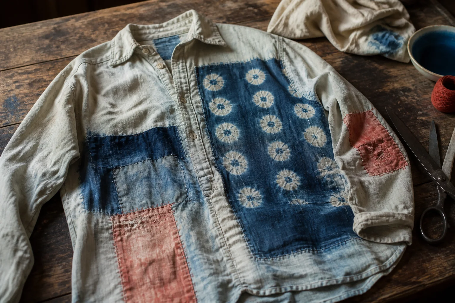 Worn cotton shirt with patching and a dyed panel on a worktable