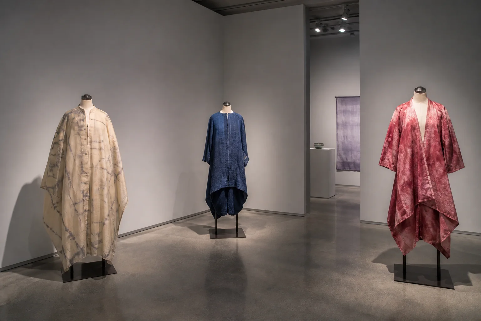 Three distinct dyed garments on forms in a small quiet gallery